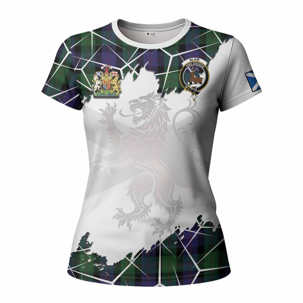 Blair Tartan Women T shirt with Family Crest and Lion Rampant Grunge Style