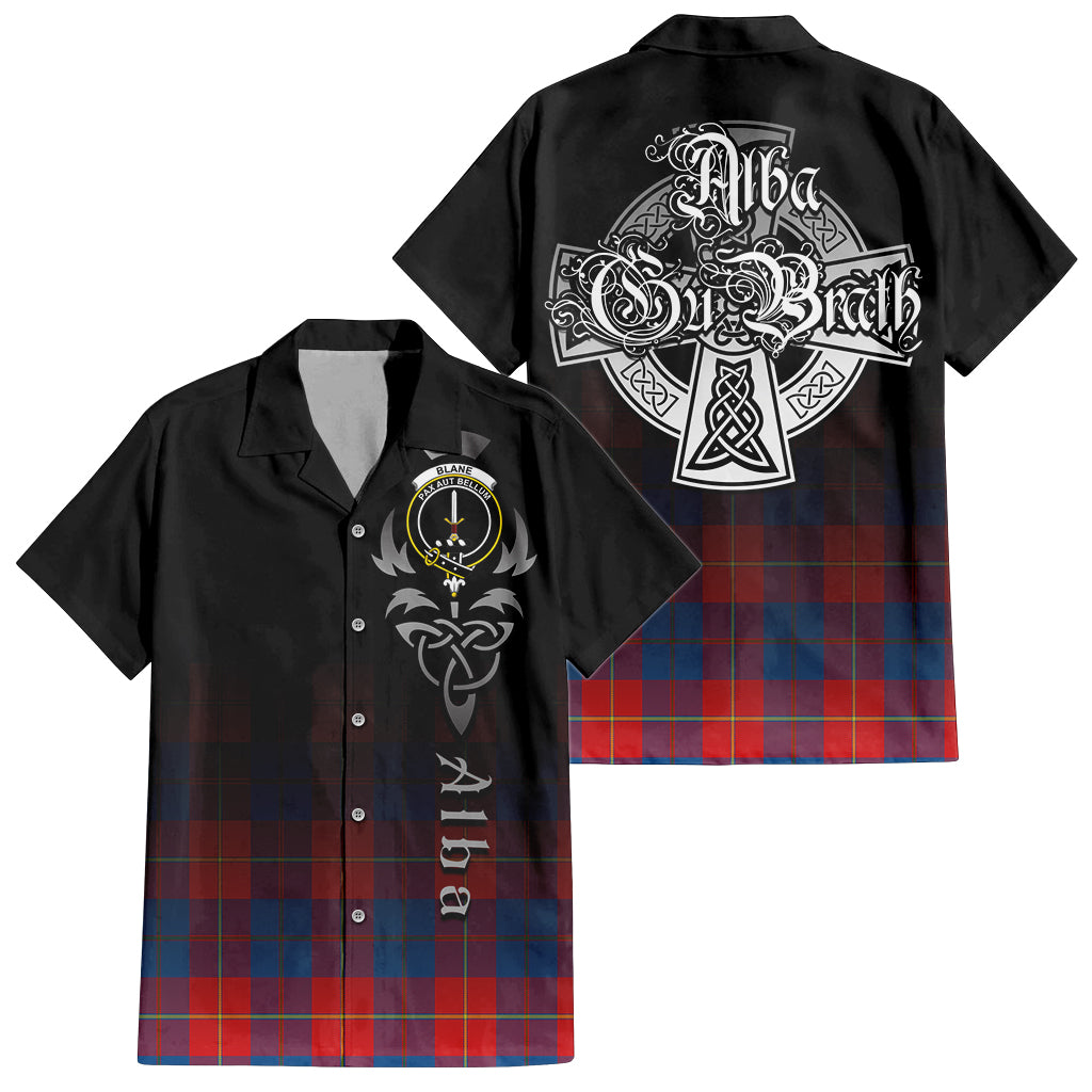 Tartan Vibes Clothing Blane Tartan Short Sleeve Button Up Featuring Alba Gu Brath Family Crest Celtic Inspired