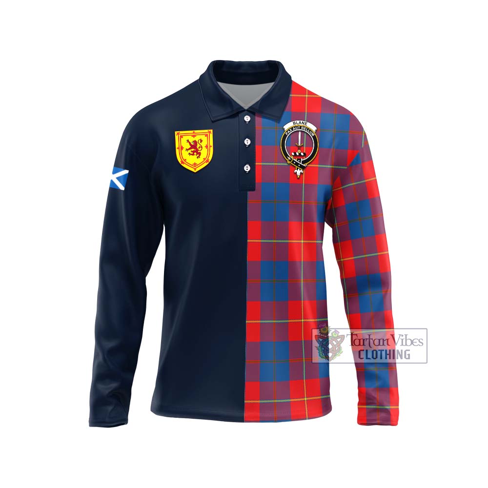 Blane Tartan Long Sleeve Polo Shirt Alba with Scottish Lion Royal Arm Half Style Unisex - Tartan Vibes Clothing