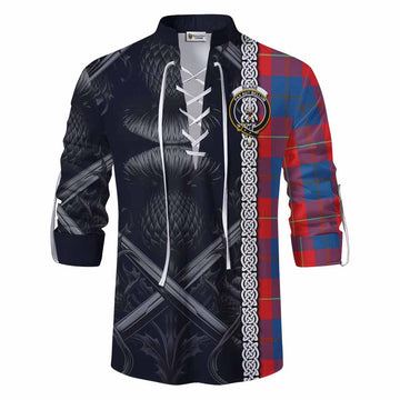 Blane Tartan Ghillie Kilt Shirt with Family Crest Cross Sword Thistle Celtic Vibes Men - Tartan Vibes Clothing