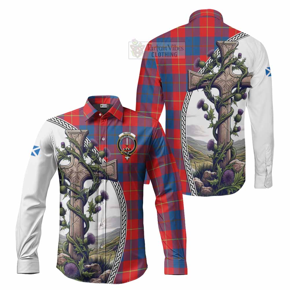 Blane Tartan Long Sleeve Button Shirt with Family Crest and St. Andrew's Cross Accented by Thistle Vines Men's Shirt S - Tartan Vibes Clothing
