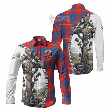 Blane Tartan Long Sleeve Button Shirt with Family Crest and St. Andrew's Cross Accented by Thistle Vines Men's Shirt S - Tartan Vibes Clothing