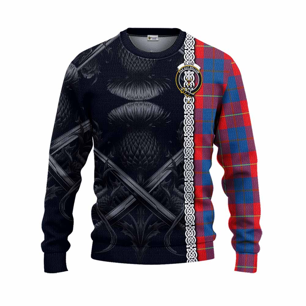 Blane Tartan Knitted Sweater with Family Crest Cross Sword Thistle Celtic Vibes Unisex - Tartan Vibes Clothing