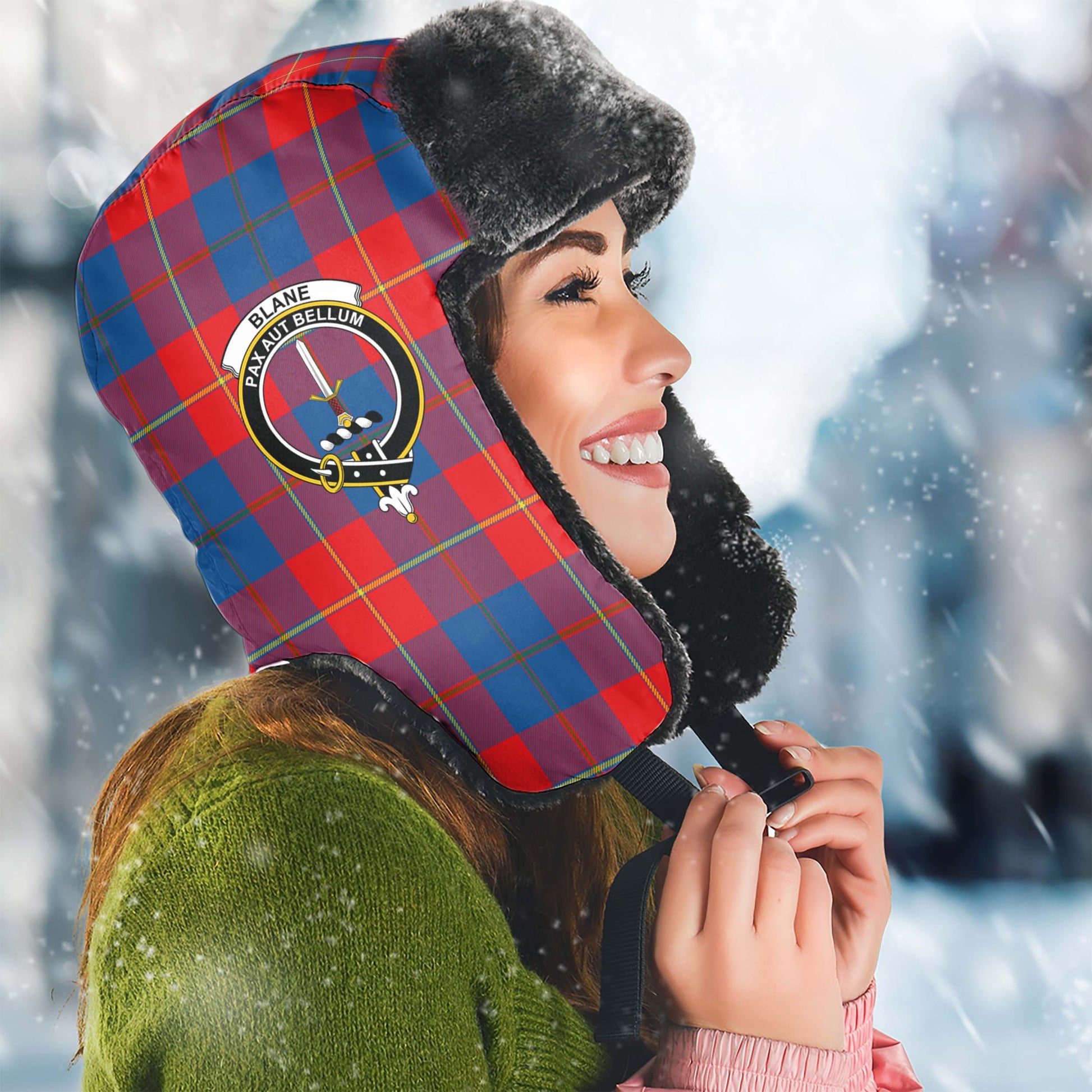 Blane Tartan Winter Trapper Hat with Family Crest Winter Trapper Hat Universal Fit Circumference 22.8in (58cm) - Tartan Vibes Clothing