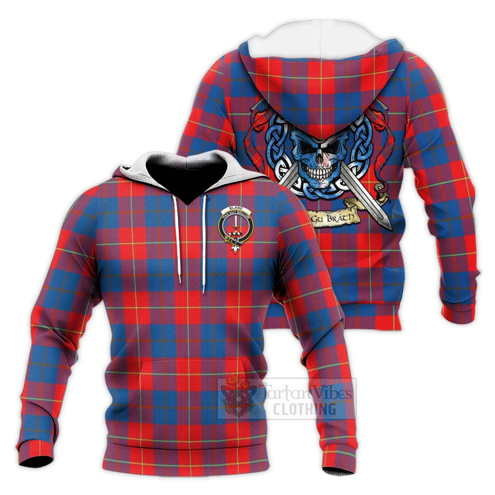 Blane Tartan Knitted Hoodie with Family Crest Celtic Skull Style Unisex Knitted Pullover Hoodie - Tartan Vibes Clothing