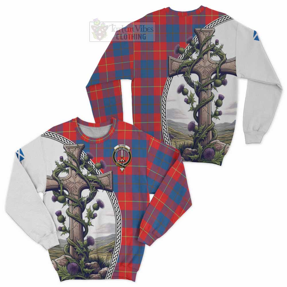 Blane Tartan Sweatshirt with Family Crest and St. Andrew's Cross Accented by Thistle Vines Unisex - Tartan Vibes Clothing