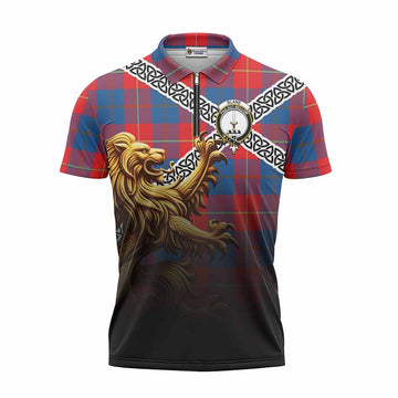 Blane Crest Tartan Zipper Polo Shirt with Golden Lion Emblem Celtic Style Unisex - Tartan Vibes Clothing