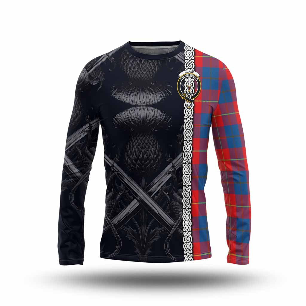 Blane Tartan Long Sleeve T-Shirt with Family Crest Cross Sword Thistle Celtic Vibes Unisex - Tartan Vibes Clothing