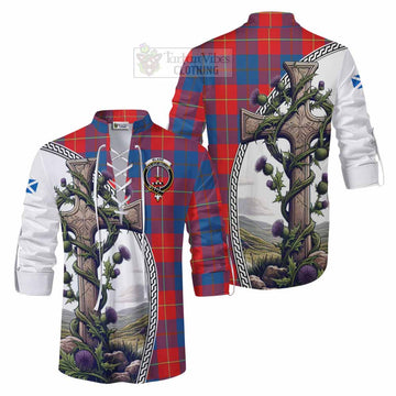 Blane Tartan Ghillie Kilt Shirt with Family Crest and St. Andrew's Cross Accented by Thistle Vines Men - Tartan Vibes Clothing