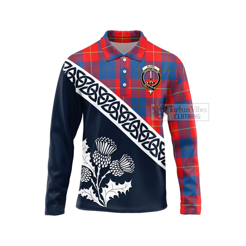 Blane Tartan Long Sleeve Polo Shirt Featuring Thistle and Scotland Map Unisex - Tartan Vibes Clothing