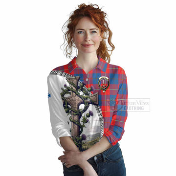 Blane Tartan Women's Casual Shirt with Family Crest and St. Andrew's Cross Accented by Thistle Vines Female - Tartan Vibes Clothing