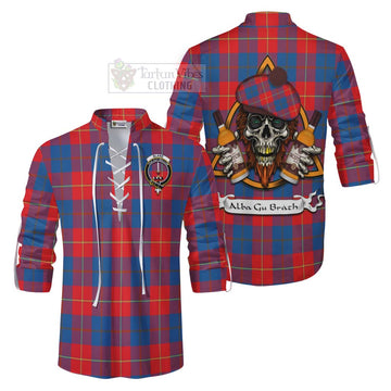 Blane Tartan Ghillie Kilt Shirt with Family Crest and Bearded Skull Holding Bottles of Whiskey Men - Tartan Vibes Clothing