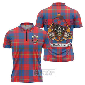 Blane Tartan Zipper Polo Shirt with Family Crest and Bearded Skull Holding Bottles of Whiskey Unisex - Tartan Vibes Clothing