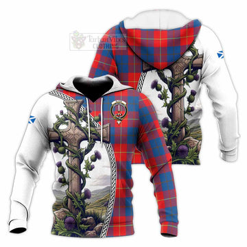 Blane Tartan Knitted Hoodie with Family Crest and St. Andrew's Cross Accented by Thistle Vines Unisex Knitted Pullover Hoodie - Tartan Vibes Clothing