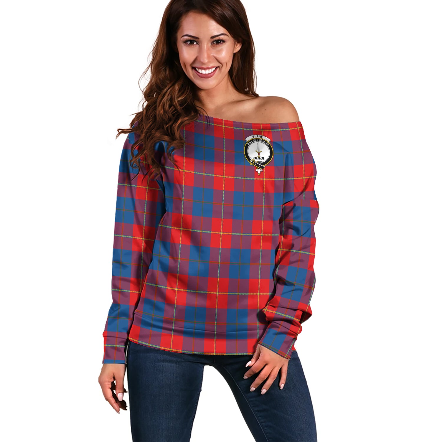 Blane Tartan Off Shoulder Women Sweater with Family Crest Women - Tartan Vibes Clothing
