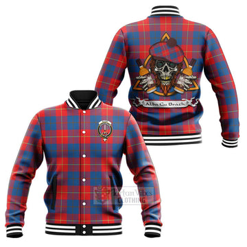 Blane Tartan Baseball Jacket with Family Crest and Bearded Skull Holding Bottles of Whiskey Unisex - Tartan Vibes Clothing