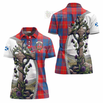 Blane Tartan Women's Polo Shirt with Family Crest and St. Andrew's Cross Accented by Thistle Vines Women - Tartan Vibes Clothing
