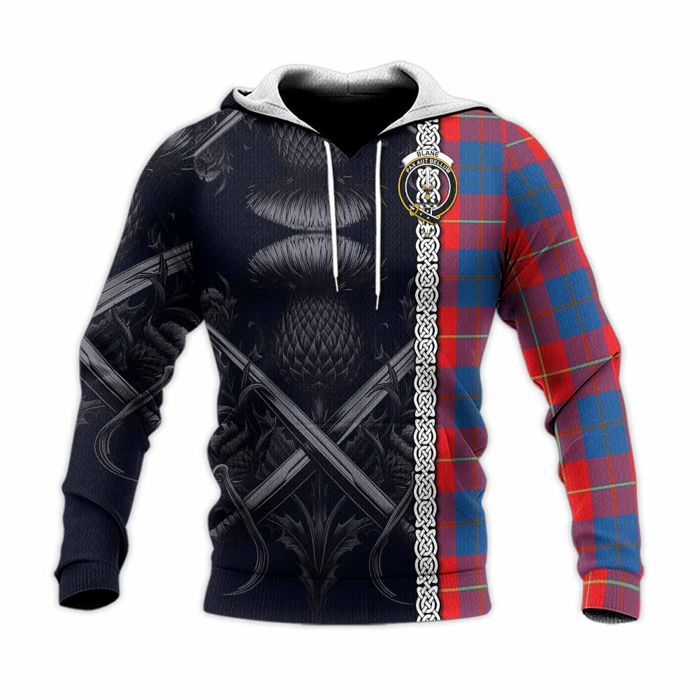 Blane Tartan Knitted Hoodie with Family Crest Cross Sword Thistle Celtic Vibes Unisex Knitted Pullover Hoodie - Tartan Vibes Clothing