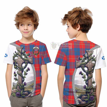 Blane Tartan Kid T-Shirt with Family Crest and St. Andrew's Cross Accented by Thistle Vines Youth XL Size14 - Tartan Vibes Clothing