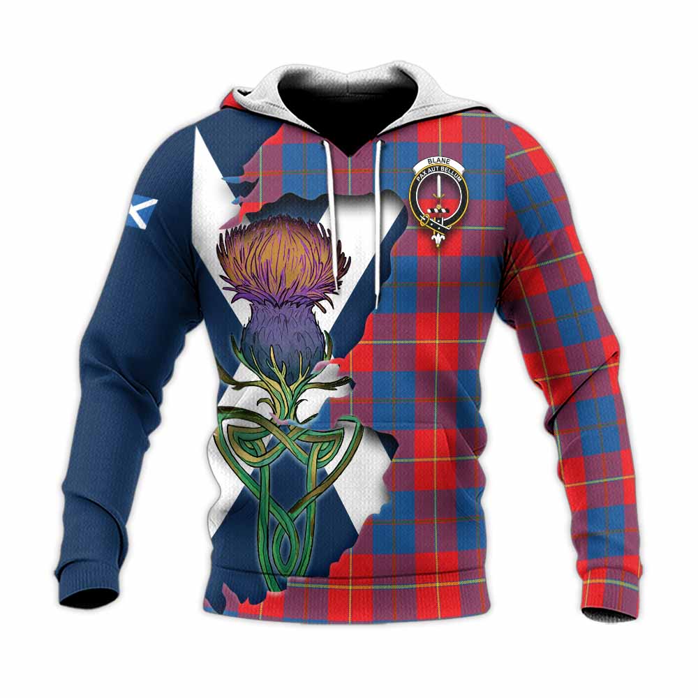 Tartan Vibes Clothing Blane Tartan Family Crest Knitted Hoodie Scottish Thistle Celtic Inspired