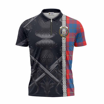 Blane Tartan Zipper Polo Shirt with Family Crest Cross Sword Thistle Celtic Vibes Unisex - Tartan Vibes Clothing