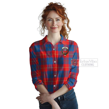 Blane Tartan Women's Casual Shirt with Family Crest and Bearded Skull Holding Bottles of Whiskey Female - Tartan Vibes Clothing