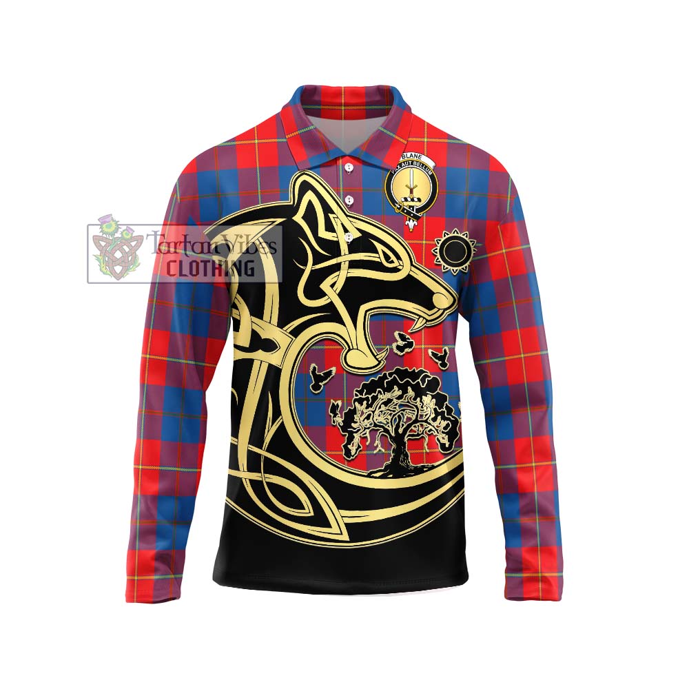 Blane Tartan Long Sleeve Polo Shirt with Family Crest Celtic Wolf Style Unisex - Tartan Vibes Clothing