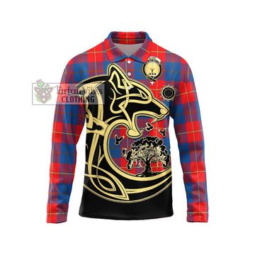 Blane Tartan Long Sleeve Polo Shirt with Family Crest Celtic Wolf Style Unisex - Tartan Vibes Clothing