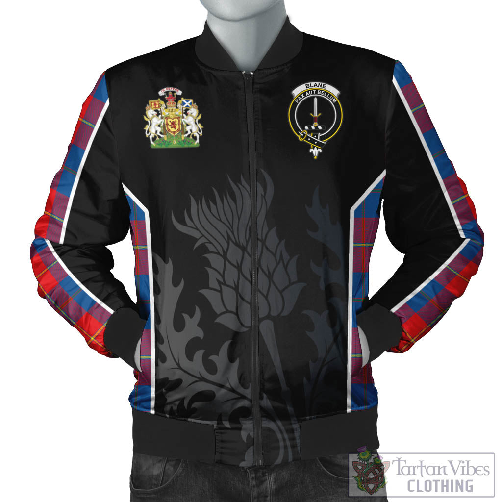 Blane Tartan Bomber Jacket with Family Crest and Scottish Thistle Vibes Sport Style Unisex Black - Tartan Vibes Clothing