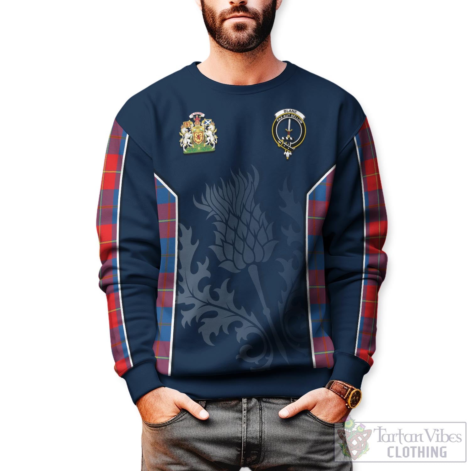 Blane Tartan Sweatshirt with Family Crest and Scottish Thistle Vibes Sport Style Unisex - Tartan Vibes Clothing
