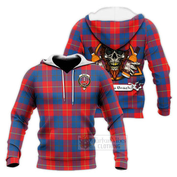 Blane Tartan Knitted Hoodie with Family Crest and Bearded Skull Holding Bottles of Whiskey Unisex Knitted Pullover Hoodie - Tartan Vibes Clothing