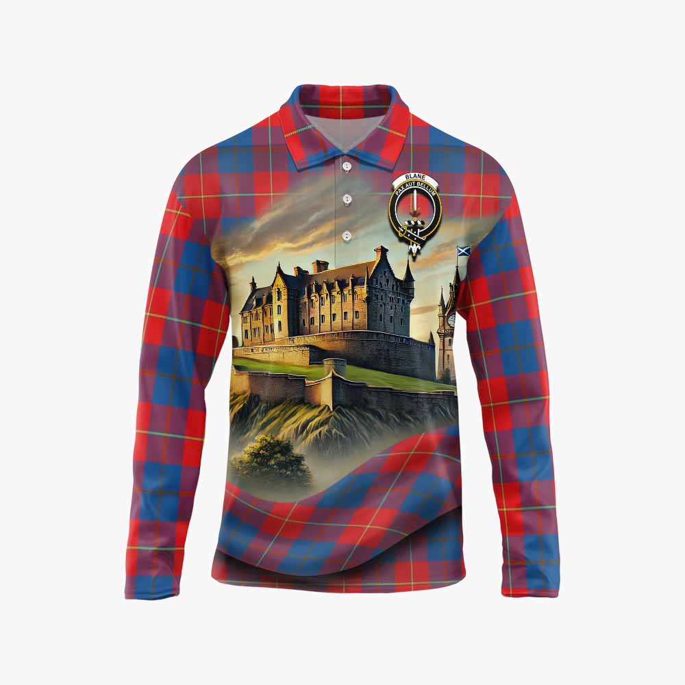 Blane Tartan Family Crest Long Sleeve Polo Shirt with Scottish Ancient Castle Style Unisex - Tartan Vibes Clothing