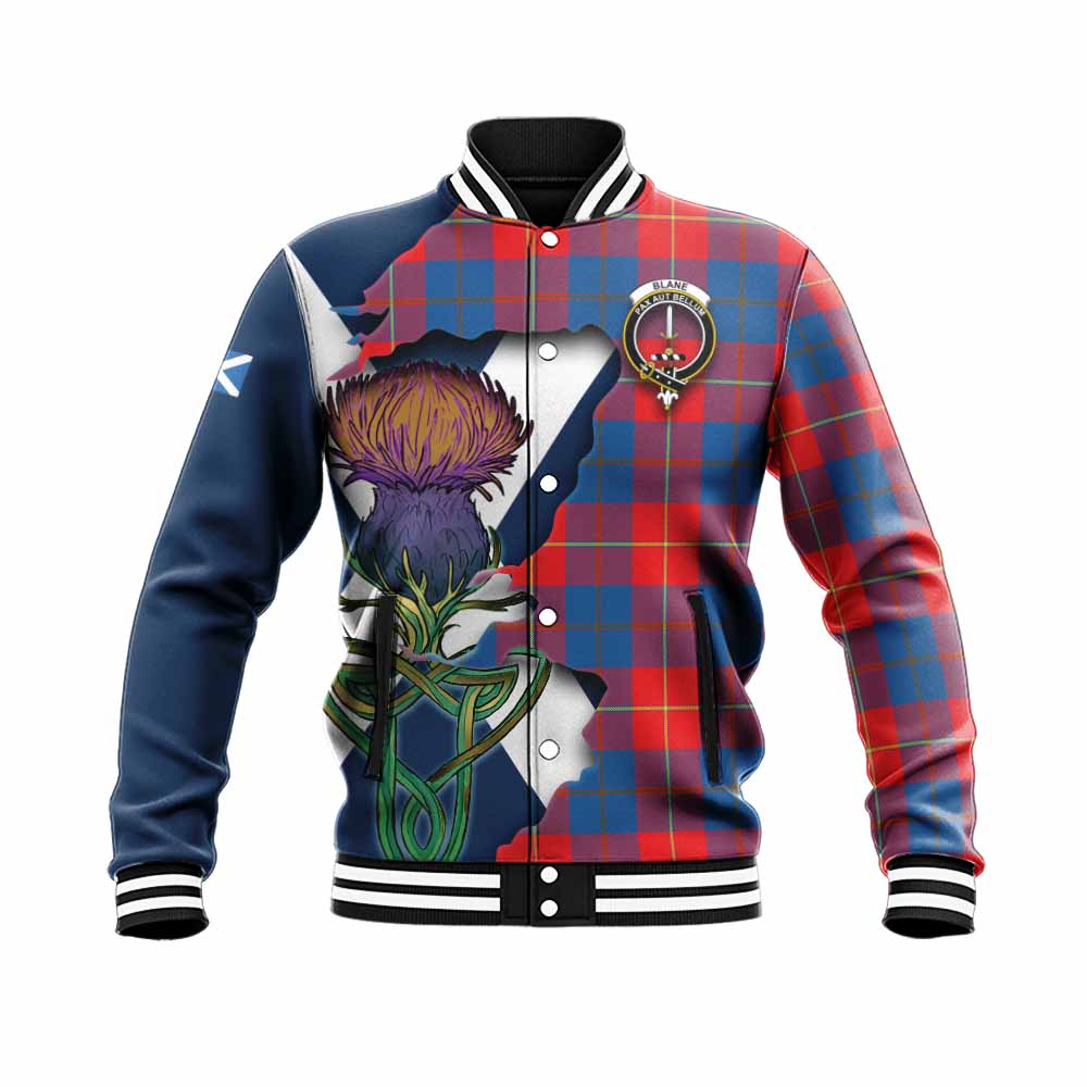 Tartan Vibes Clothing Blane Tartan Family Crest Baseball Jacket Scottish Thistle Celtic Inspired