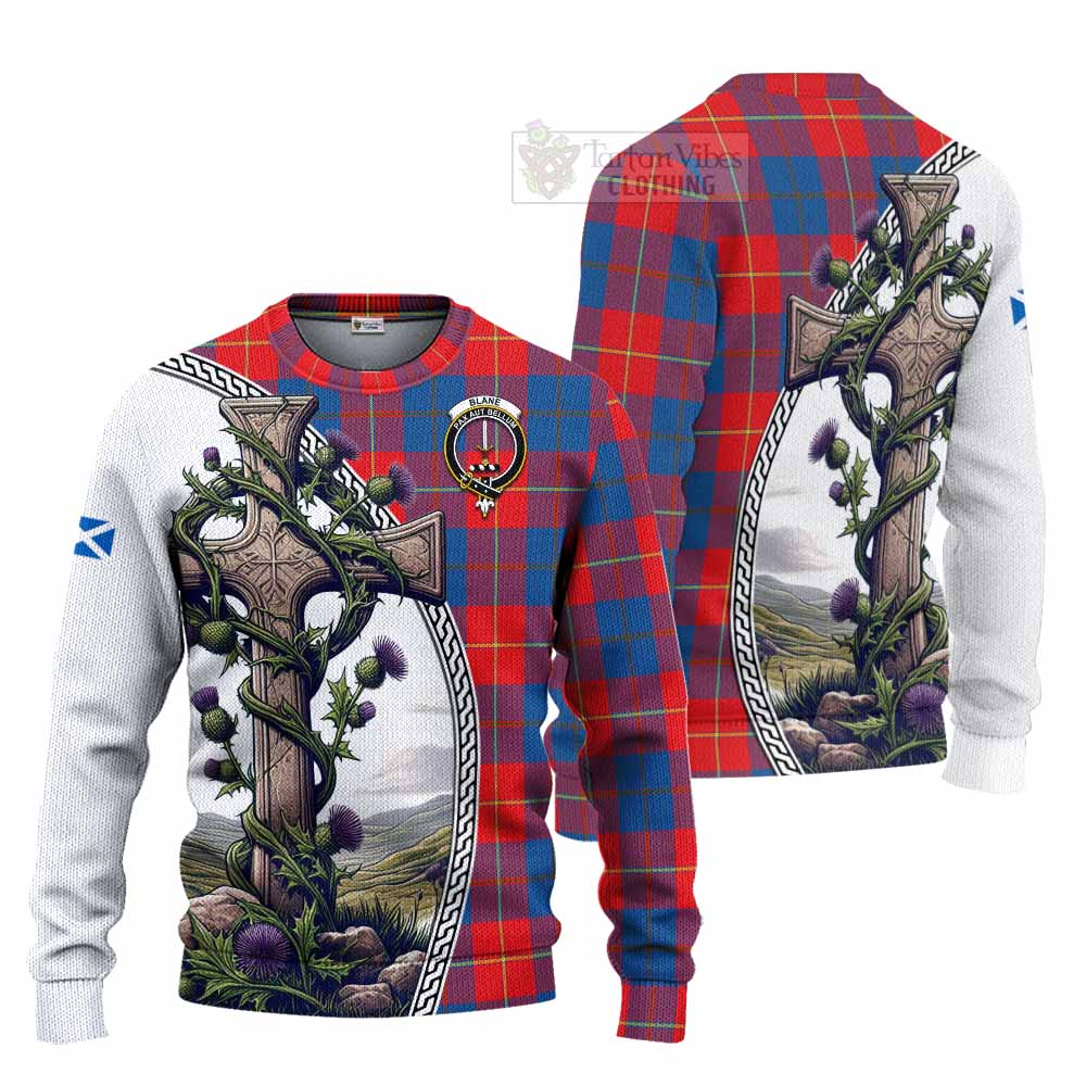 Blane Tartan Knitted Sweater with Family Crest and St. Andrew's Cross Accented by Thistle Vines Unisex - Tartan Vibes Clothing