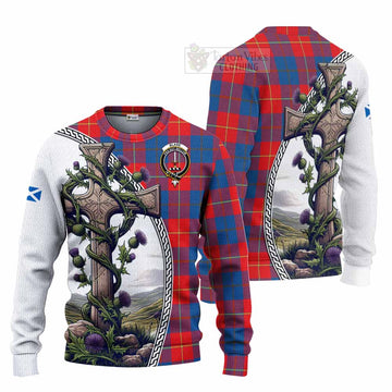 Blane Tartan Knitted Sweater with Family Crest and St. Andrew's Cross Accented by Thistle Vines Unisex - Tartan Vibes Clothing