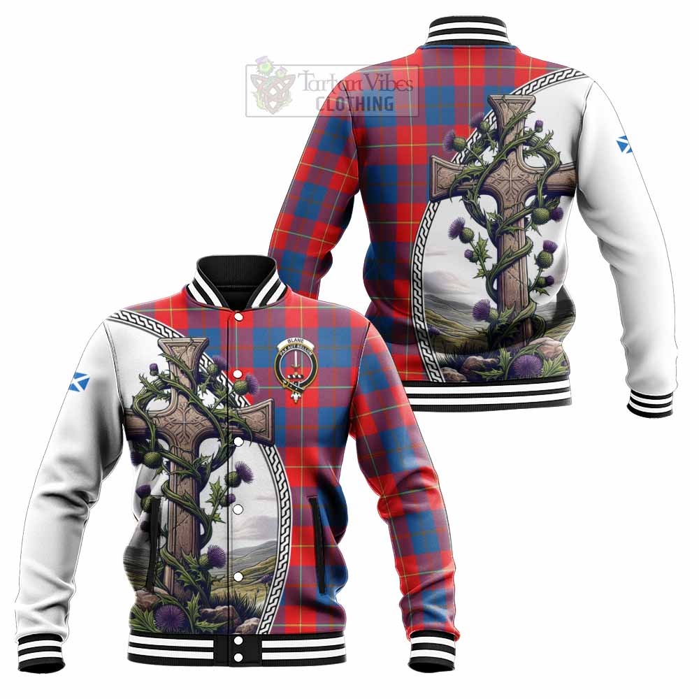 Blane Tartan Baseball Jacket with Family Crest and St. Andrew's Cross Accented by Thistle Vines Unisex - Tartan Vibes Clothing