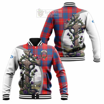Blane Tartan Baseball Jacket with Family Crest and St. Andrew's Cross Accented by Thistle Vines Unisex - Tartan Vibes Clothing