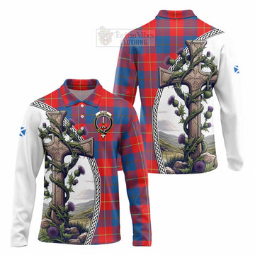 Blane Tartan Long Sleeve Polo Shirt with Family Crest and St. Andrew's Cross Accented by Thistle Vines Unisex - Tartan Vibes Clothing