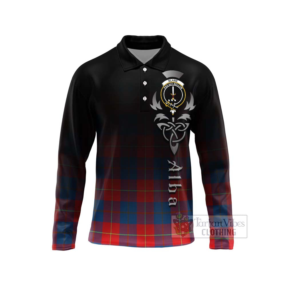 Blane Tartan Long Sleeve Polo Shirt Featuring Alba Gu Brath Family Crest Celtic Inspired Unisex - Tartan Vibes Clothing