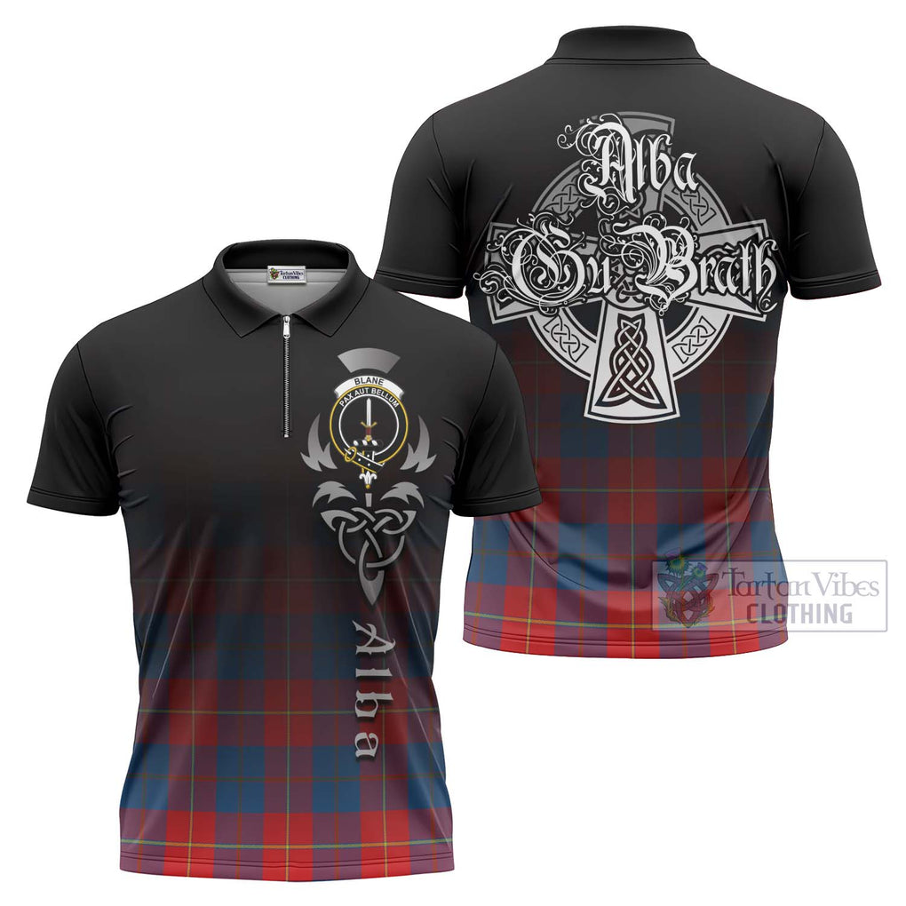 Blane Tartan Zipper Polo Shirt Featuring Alba Gu Brath Family Crest Celtic Inspired Unisex - Tartan Vibes Clothing