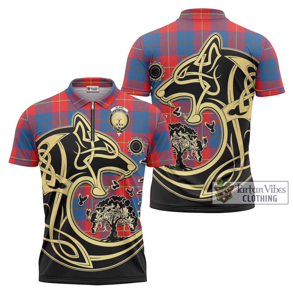 Blane Tartan Zipper Polo Shirt with Family Crest Celtic Wolf Style Unisex - Tartan Vibes Clothing