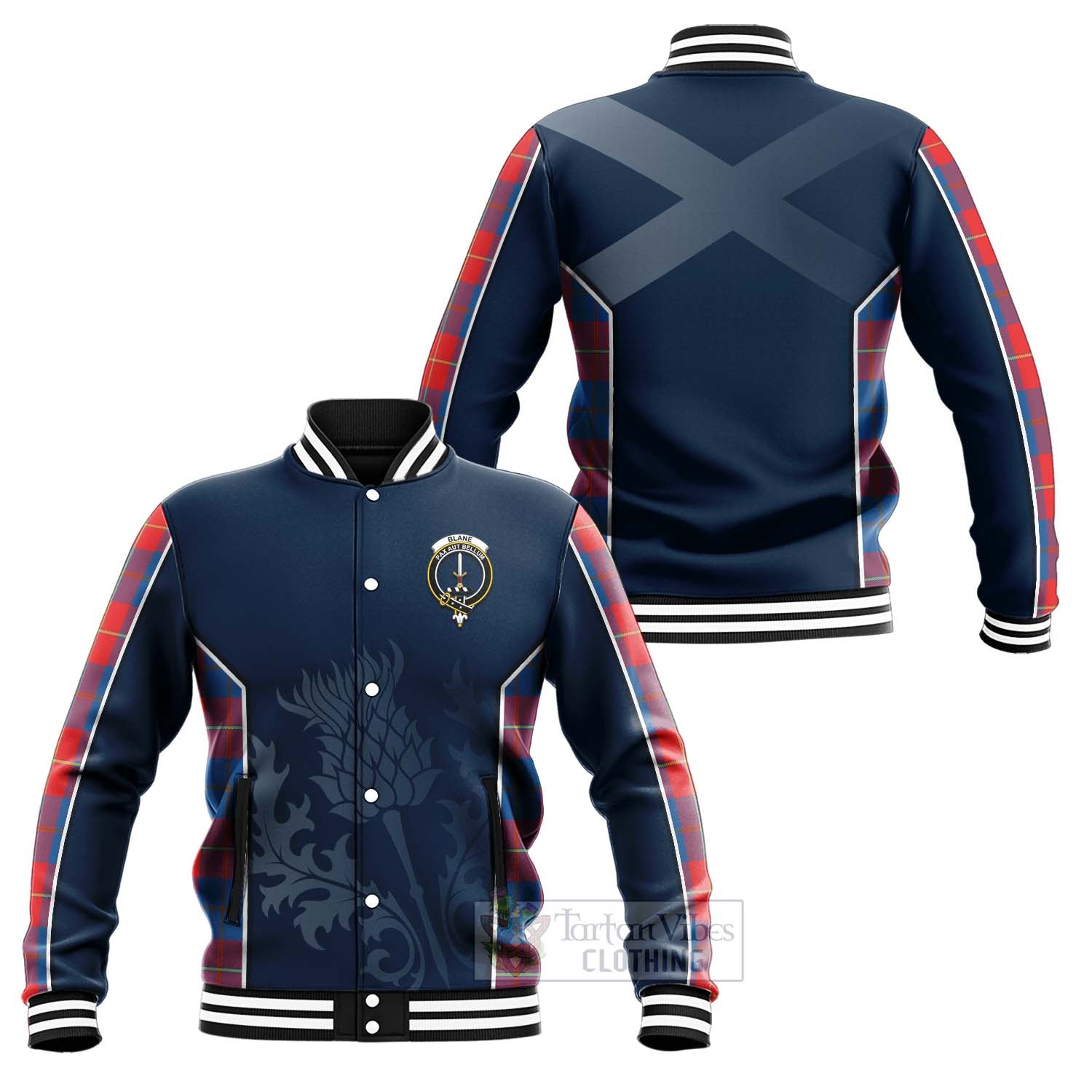Blane Tartan Baseball Jacket with Family Crest and Scottish Thistle Vibes Sport Style Unisex - Tartan Vibes Clothing