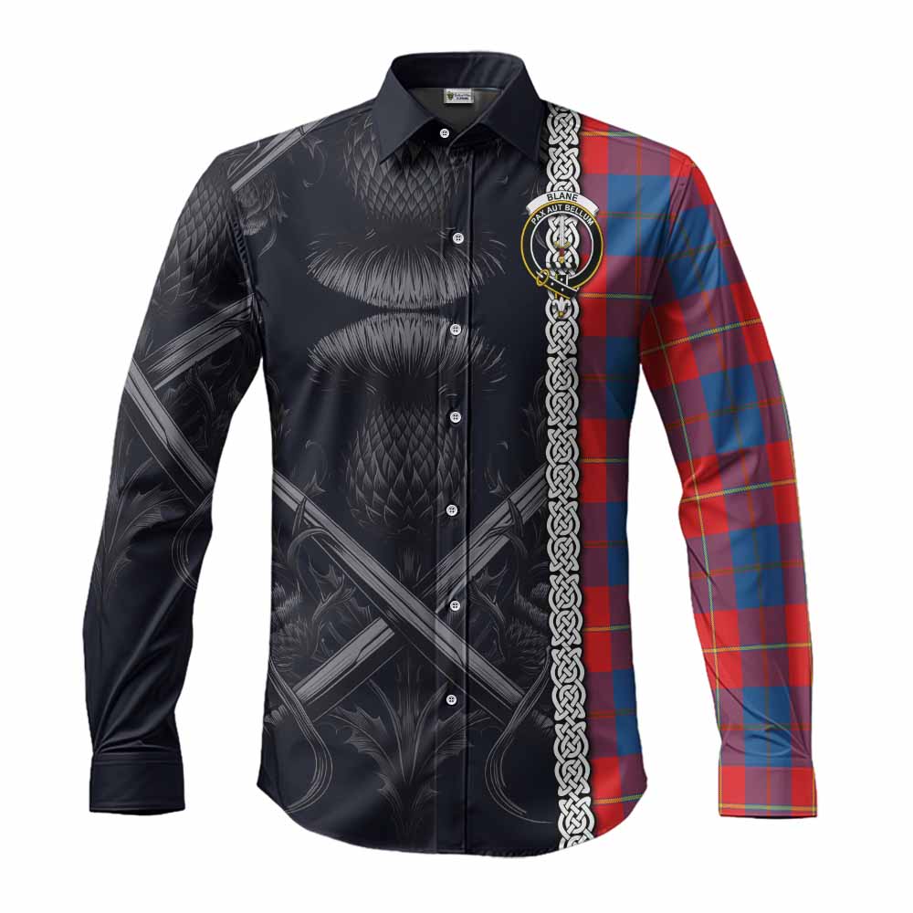 Tartan Vibes Clothing Blane Tartan Long Sleeve Button Shirt with Family Crest Cross Sword Thistle Celtic Vibes