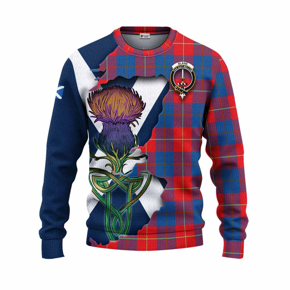 Tartan Vibes Clothing Blane Tartan Family Crest Knitted Sweater Scottish Thistle Celtic Inspired