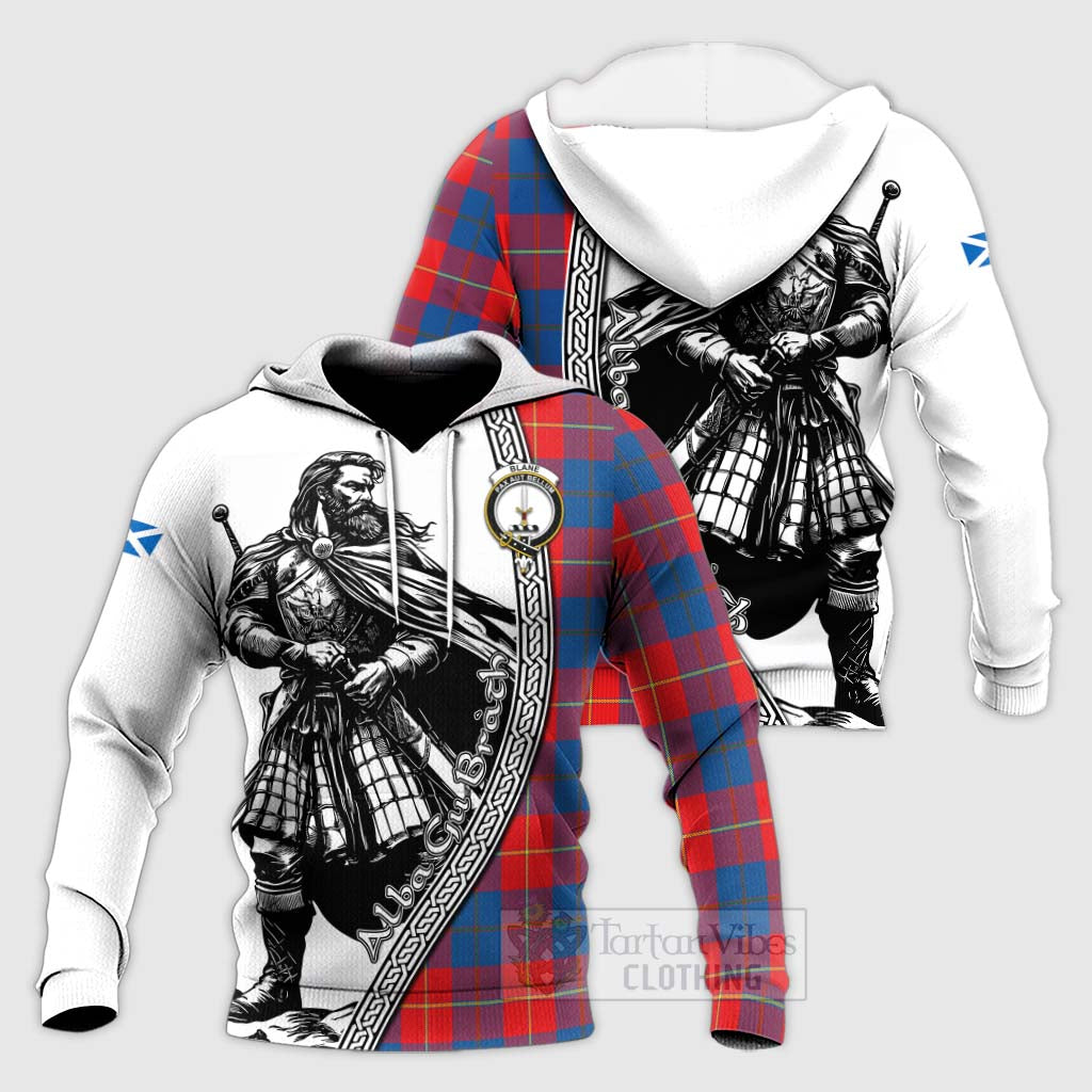 Blane Tartan Clan Crest Knitted Hoodie with Highlander Warrior Celtic Style Unisex Knitted Pullover Hoodie - Tartan Vibes Clothing