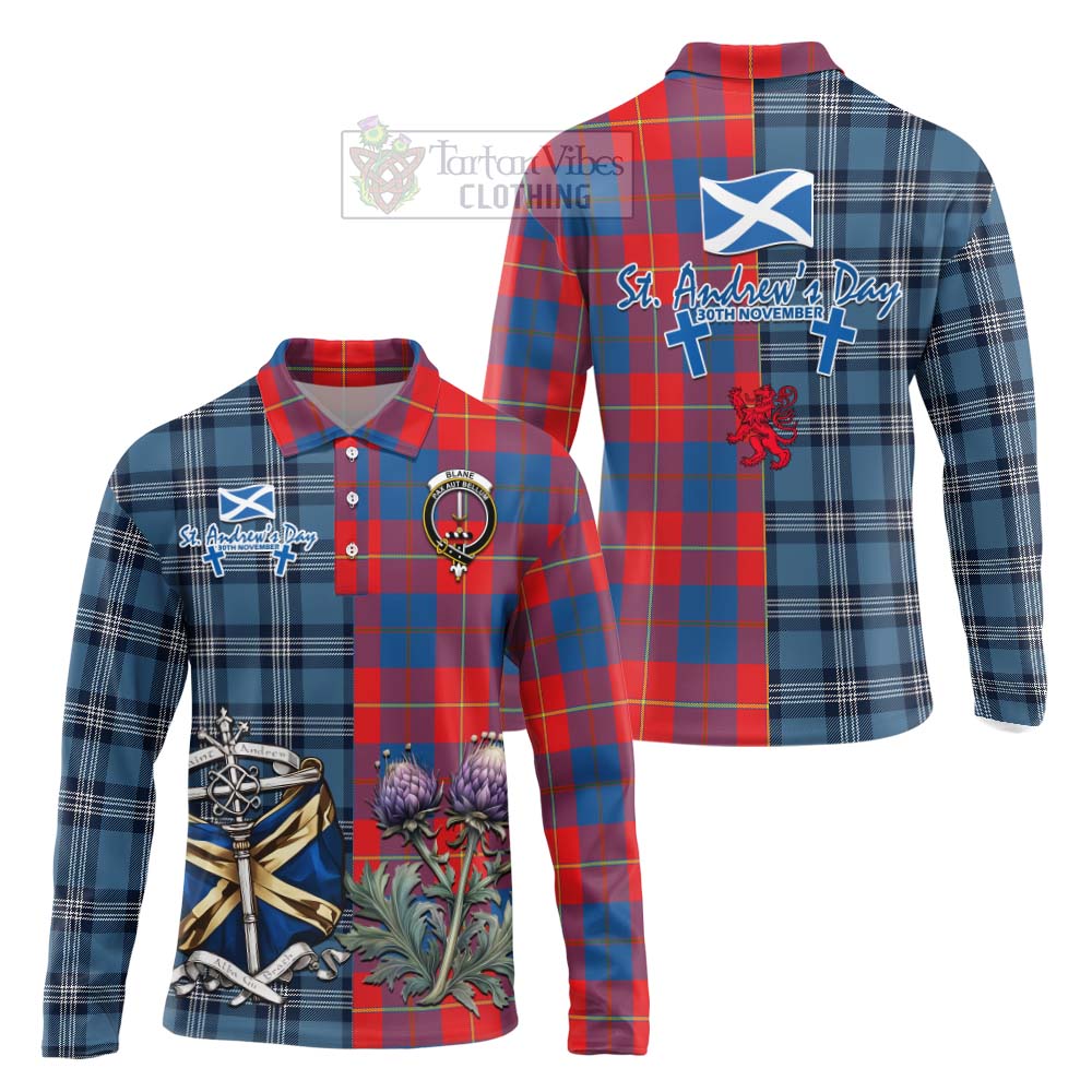 Blane Tartan Long Sleeve Polo Shirt Happy St. Andrew's Day Half Tartan Style Unisex - Tartan Vibes Clothing