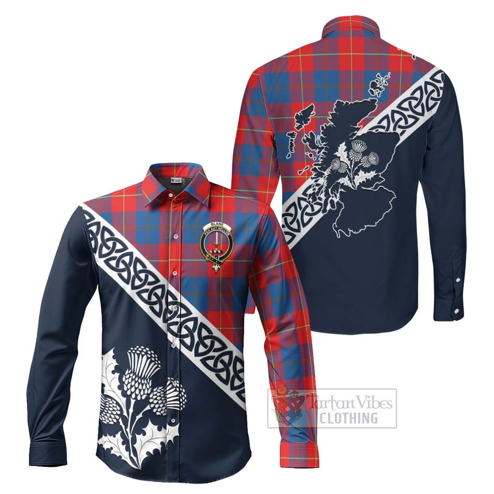 Blane Tartan Long Sleeve Button Shirt Featuring Thistle and Scotland Map Men's Shirt S - Tartan Vibes Clothing