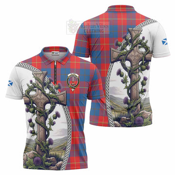 Blane Tartan Zipper Polo Shirt with Family Crest and St. Andrew's Cross Accented by Thistle Vines Unisex - Tartan Vibes Clothing