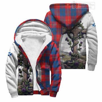 Blane Tartan Sherpa Hoodie with Family Crest and St. Andrew's Cross Accented by Thistle Vines Unisex S - Tartan Vibes Clothing