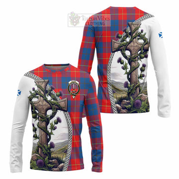 Blane Tartan Long Sleeve T-Shirt with Family Crest and St. Andrew's Cross Accented by Thistle Vines Unisex - Tartan Vibes Clothing